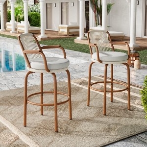Teak Frame Outdoor Bar Stools Woven Rope Back Integrated Armrests