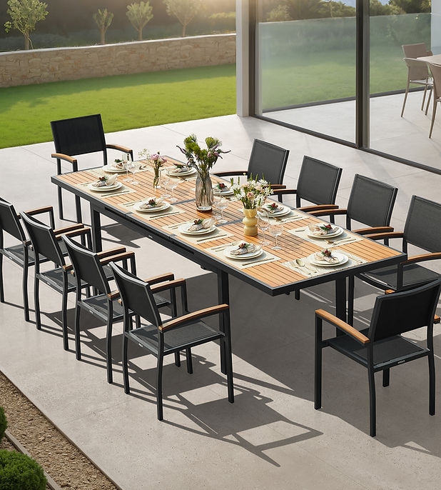 Teak Slat Top Outdoor Dining Set with Woven Rope Back Chairs