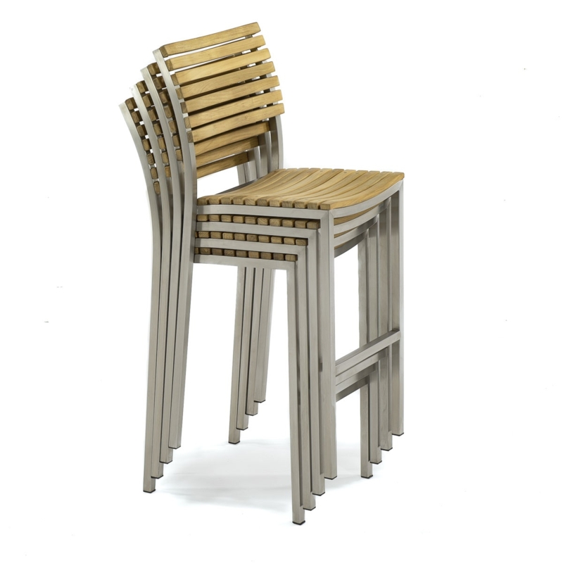 Teak Slatted Bar Stool Stainless Steel Frame Stackable Industrial