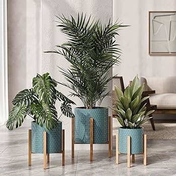 Teal Blue Honeycomb Embossed Planter on Wood Tripod Stand