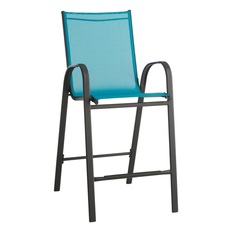 Teal Sling Patio Barstool White Metal Frame Armless Minimalist