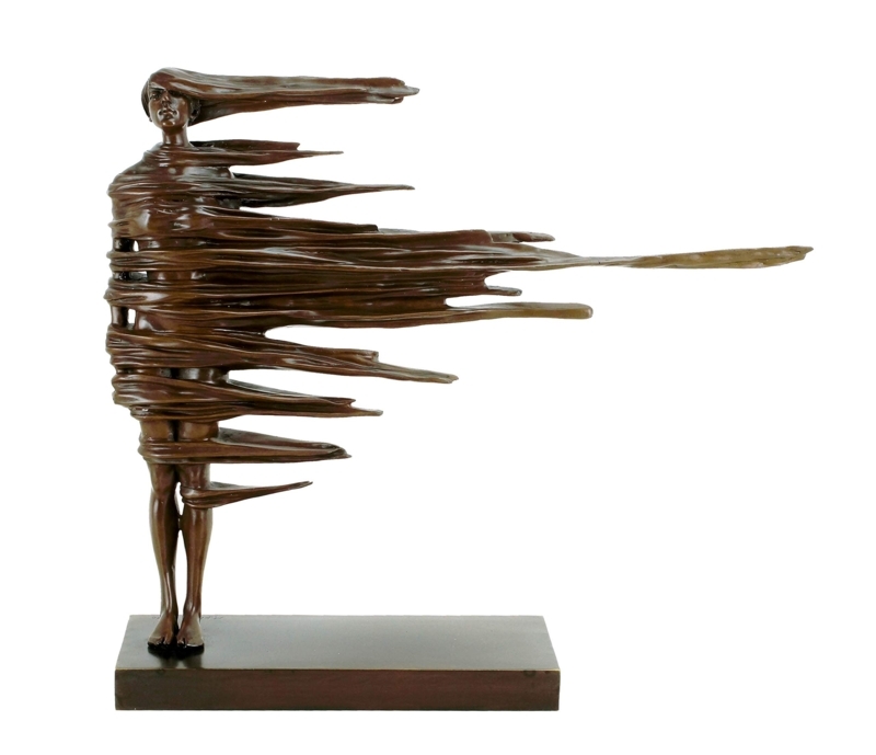 Textured Bronze Human Figure Sculpture Abstract Leaning Pose