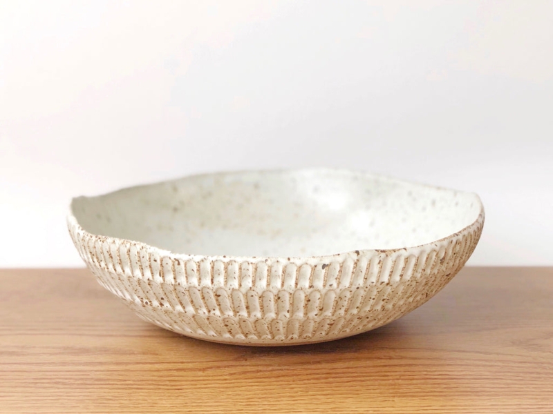 Textured Ceramic Serving Bowl Speckled White Carved Ridges