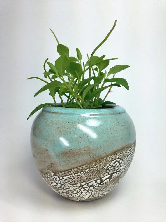 Textured White Ceramic Pot Planter with Blue Glazed Interior and Drip Detail