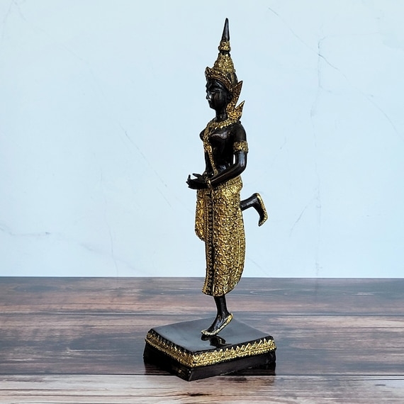 Thai Goddess Statue, Antique Bronze with Gold Gilt Detailing & Headdress