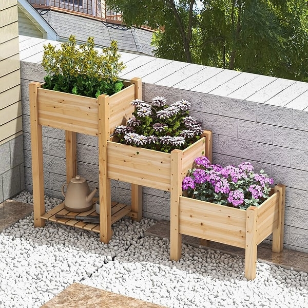 Three-Tier Elevated Planter Natural Wood Stepped Design Vertical Garden