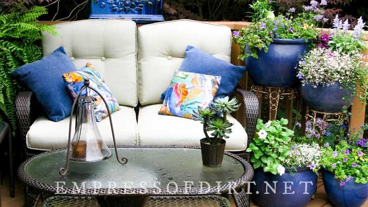 Throw Pillow Square Floral Trellis Pattern on Distressed Garden Bench