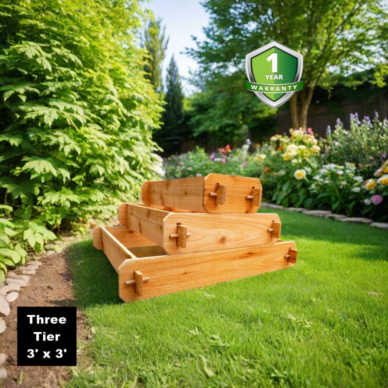Tiered Raised Garden Bed Natural Wood Three Level Pyramid Shape Design