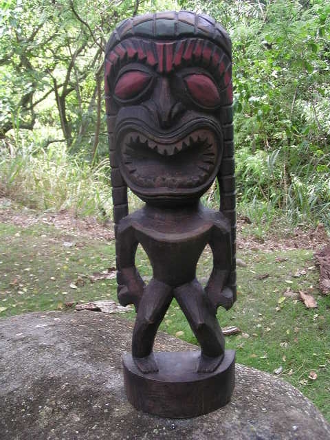 Tiki Statue Hand Carved Wood Expressive Face Ribbed