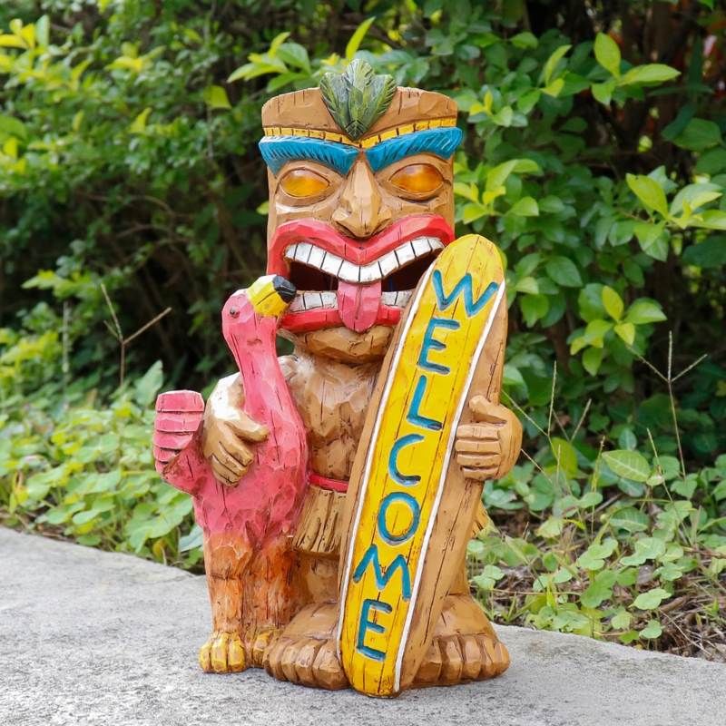 Tiki Statue Resin Distressed Finish Torch Bearer Sunset