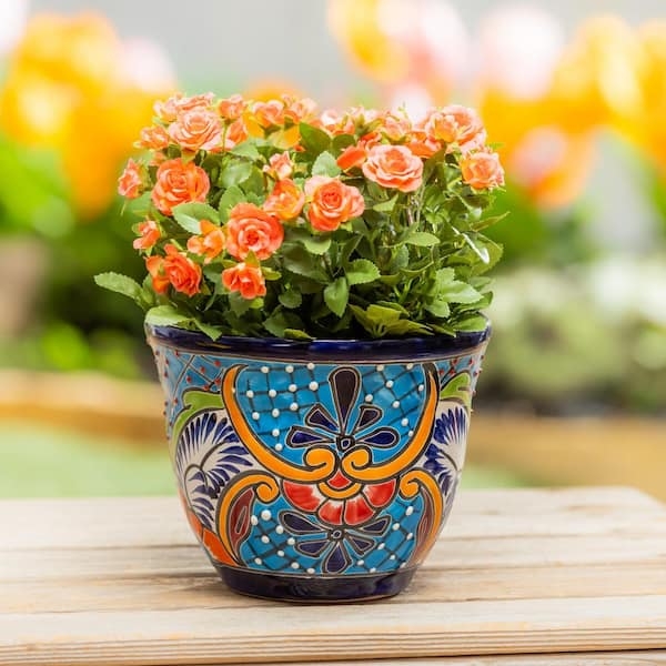 Tilted Ceramic Planter featuring Hand-Painted Talavera Floral Pattern.