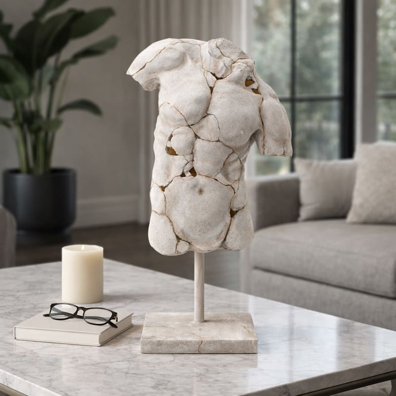 Torso Sculpture Cracked Effect Stone-like Grey Black Base