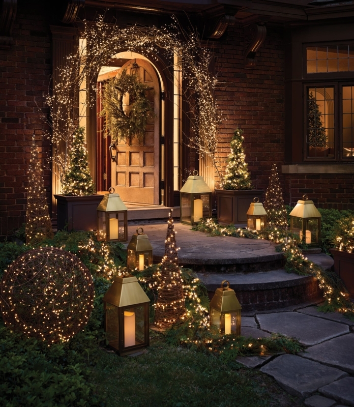 Traditional Entryway Symmetrical Topiaries Oversized Lanterns Decor