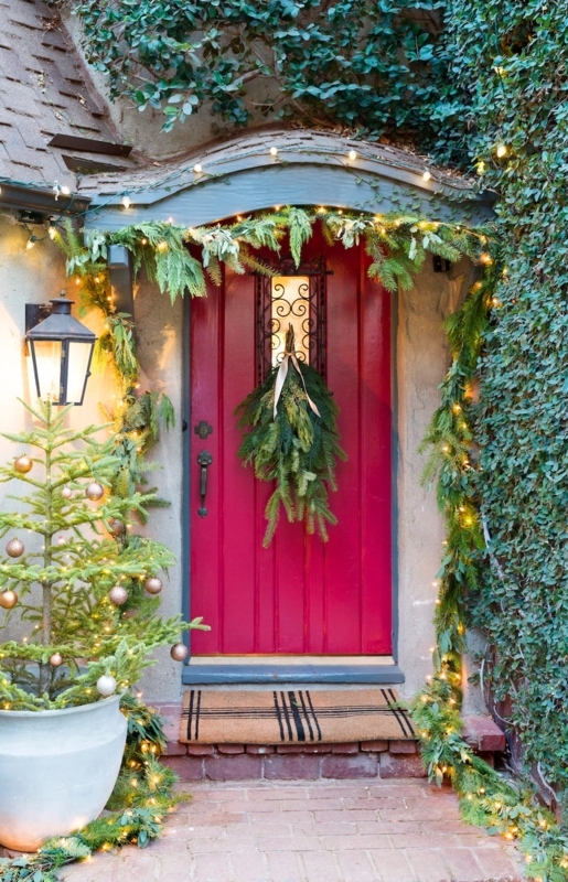 Traditional Front Door Christmas Decor with Symmetrical Lit Mini Trees