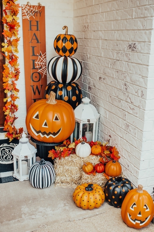 Traditional Front Porch Entry with Symmetrical Pumpkin Arrangement