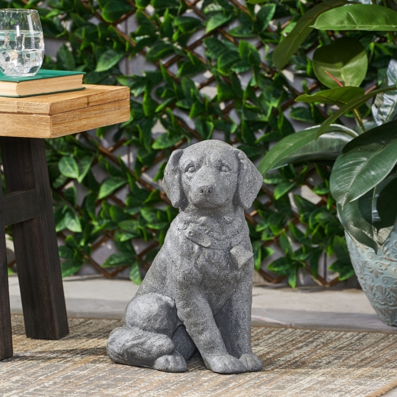 Traditional Garden Dog Statue, Sitting Pose with Stone Gray Finish.