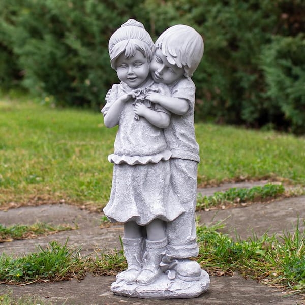Traditional Garden Statue Design, Boy Hugging Girl Figural Sculpture.