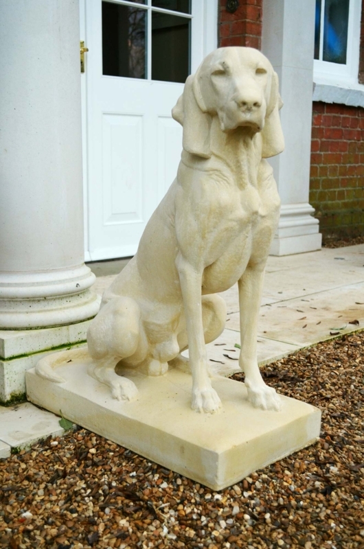 Traditional Garden Statue Seated Hound On Integral Square Plinth