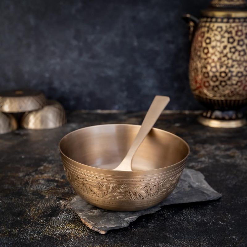 Traditional Kansa Serving Bowl, Two-Tone Polished and Antique