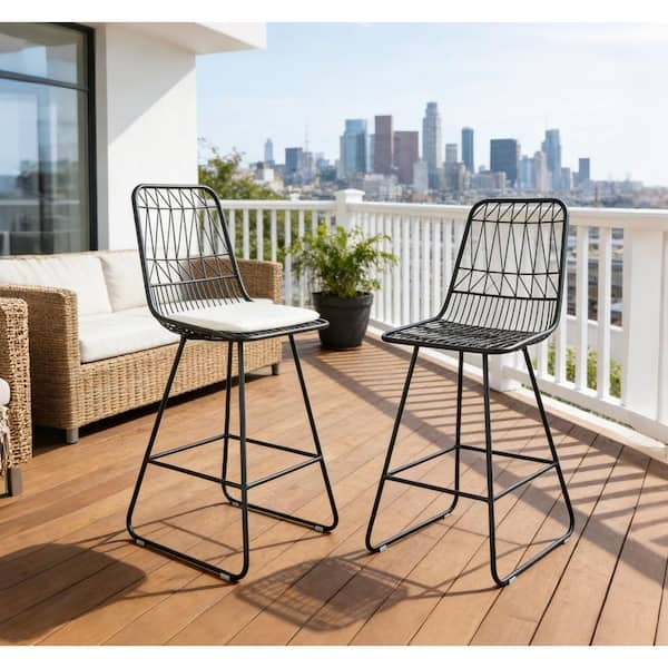 Traditional Metal Outdoor Bar Stools with Scroll Back and Ivory Cushions