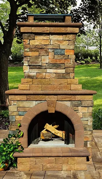 Traditional Outdoor Fireplace with Heavy Wood Mantel