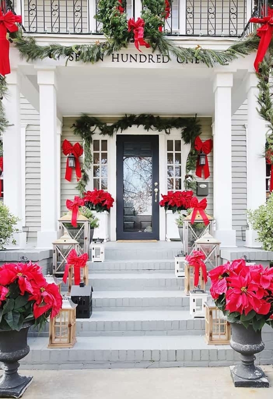 Traditional Red Door Christmas Decor with Oversized White Lanterns