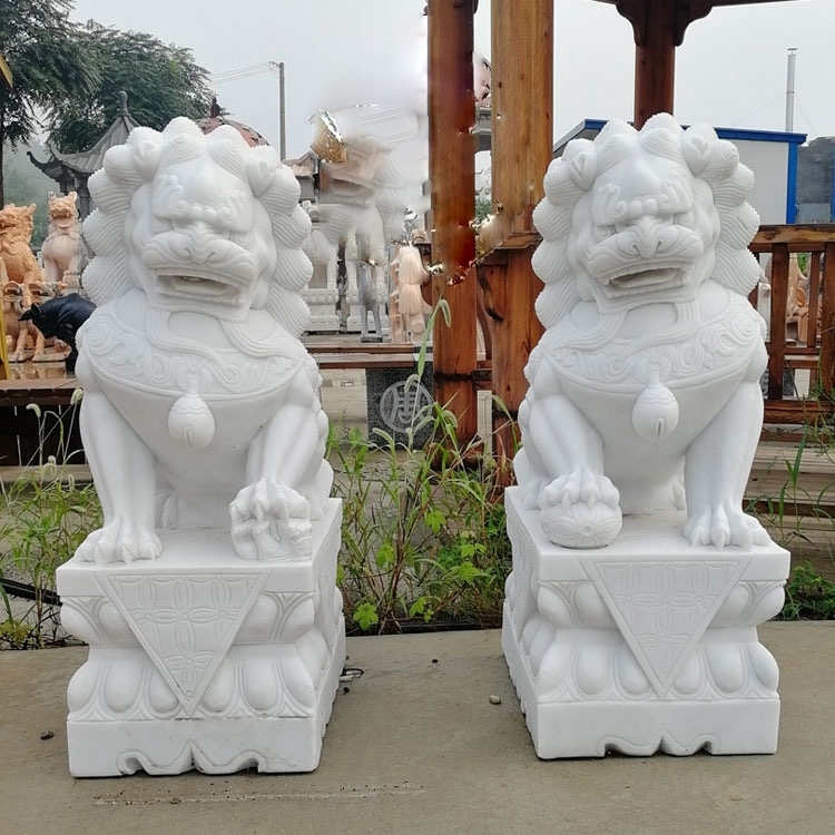 Traditional Stone Guardian Lion Statues, Hand-Carved Garden Sculptures