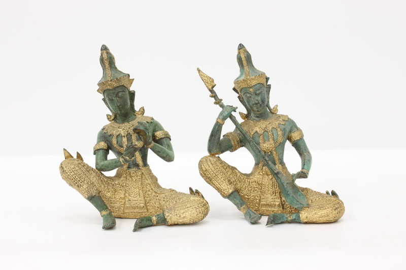Traditional Thai Bronze Statue Set with Verdigris Finish & Gold Gilt