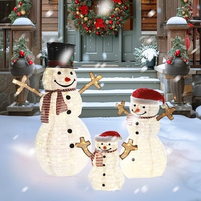 Traditional Three-Tier Snowman Decoration, Pre-Lit Garden Character