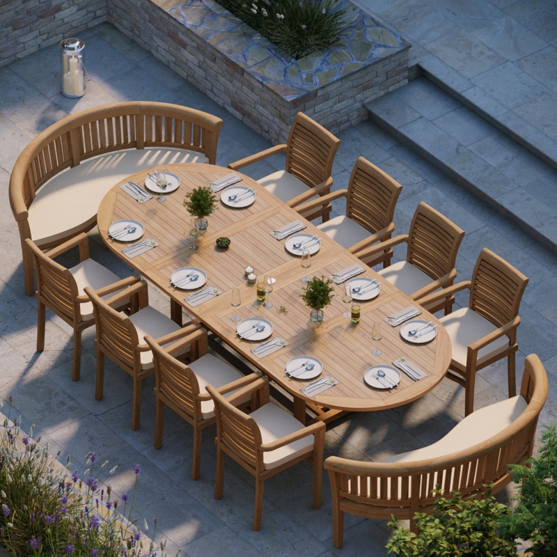 Traditional Wood Outdoor Dining Set with Oval Table and Curved Benches