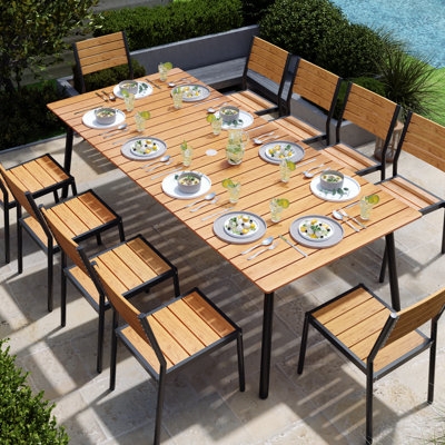 Transitional Outdoor Dining Set with Woven Armchairs Slat Top