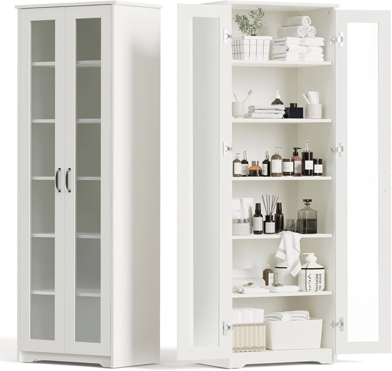 Transitional White Pantry Cabinet featuring Gold Vertical Pulls