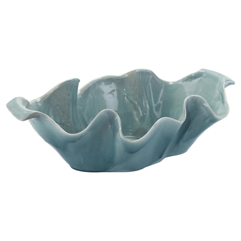 Translucent Blue Glass Decorative Bowl with Rippled Surface & Amber Rim