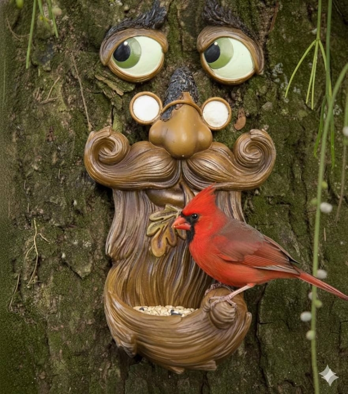 Tree Face Decor featuring Glowing Eyes and Integrated Bird Feeder