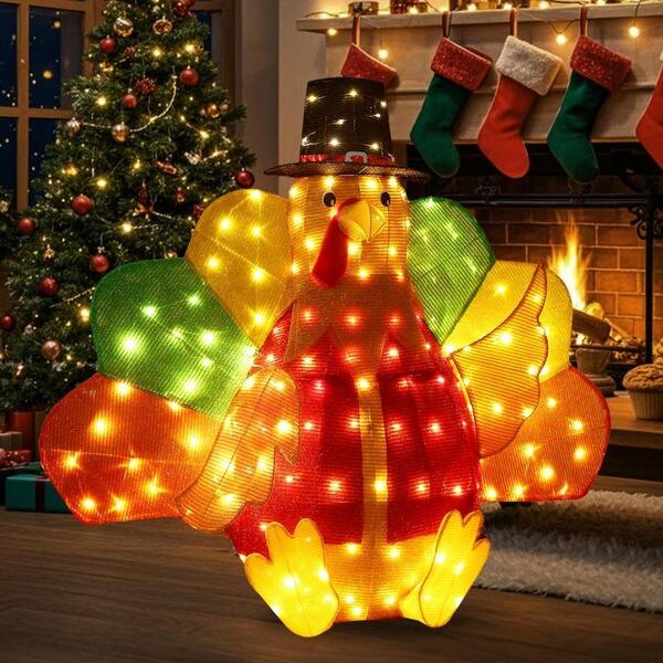 Turkey Decoration, Lighted with Pilgrim Hat & Multi-Colored Feathers
