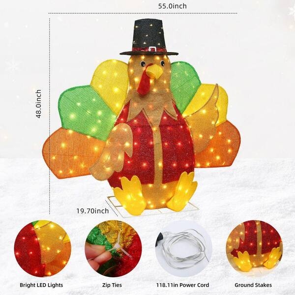 Turkey Decoration, Oversized Silhouette with Vibrant Mesh & LEDs