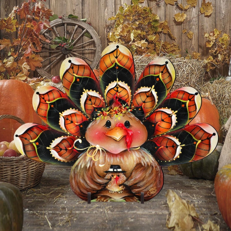 Turkey Figurine Be Thankful Folk Art Hand Painted Rustic Thanksgiving Decor