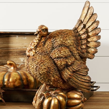 Turkey Statue with Antique Gold Finish & Spread Tail Fan