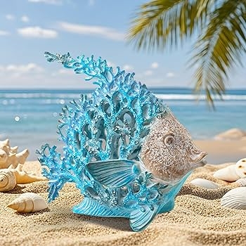 Turquoise Angelfish Sculpture on White Coral Reef Base