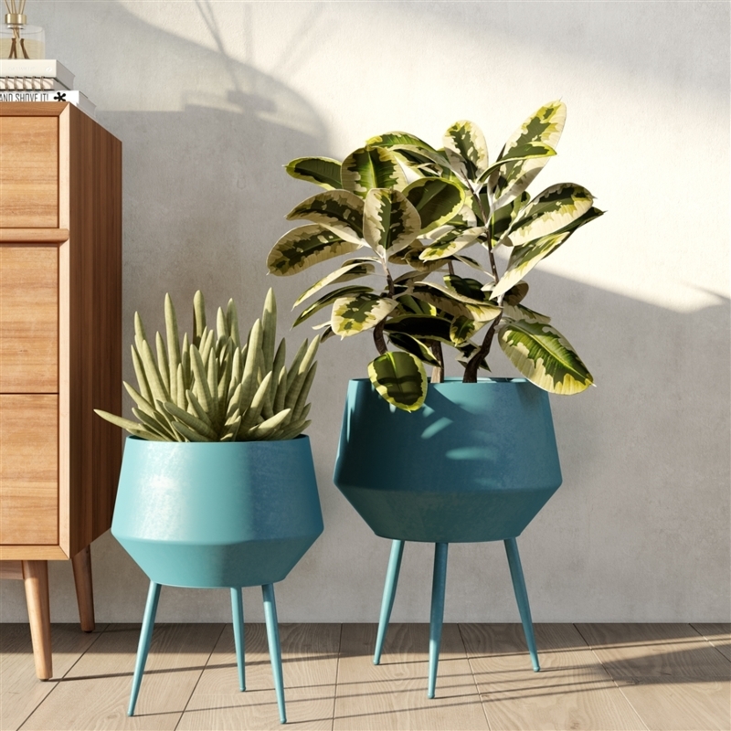Turquoise Blue Ribbed Planter Set with Wood Tripod Legs