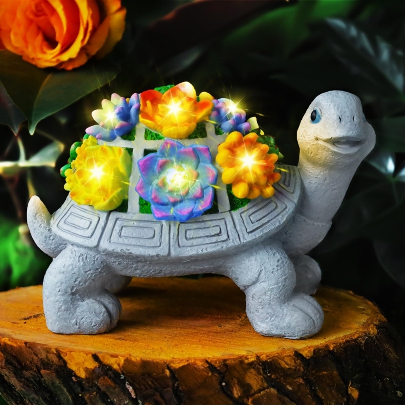 Turtle Statue Succulent Shell Solar LEDs Whimsical Garden Decor