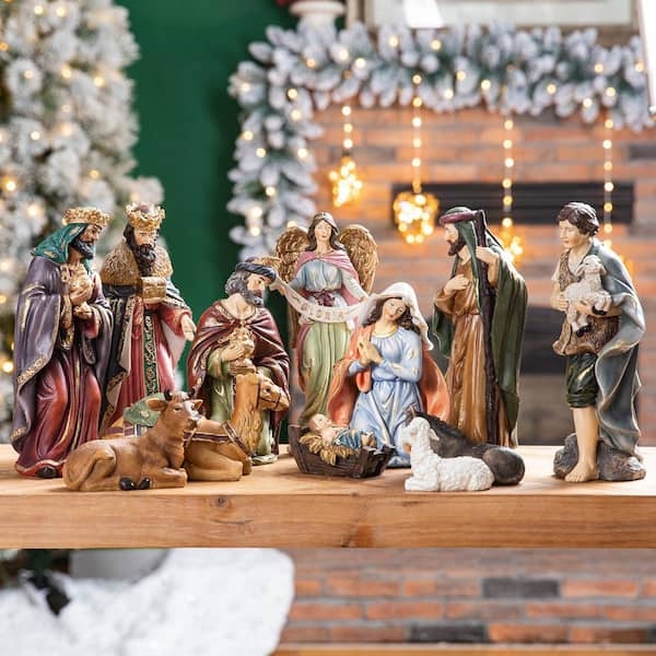 Twelve-Piece Nativity Set, Faceted Carved Texture, Rustic Nativity
