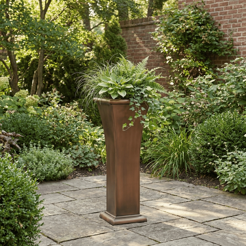 Urn Planter Hammered Copper Finish Pedestal Silhouette, Antique Planter