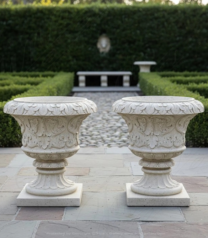 Urn Planter Neoclassical Gadrooned Fluted Travertine Texture Pedestal
