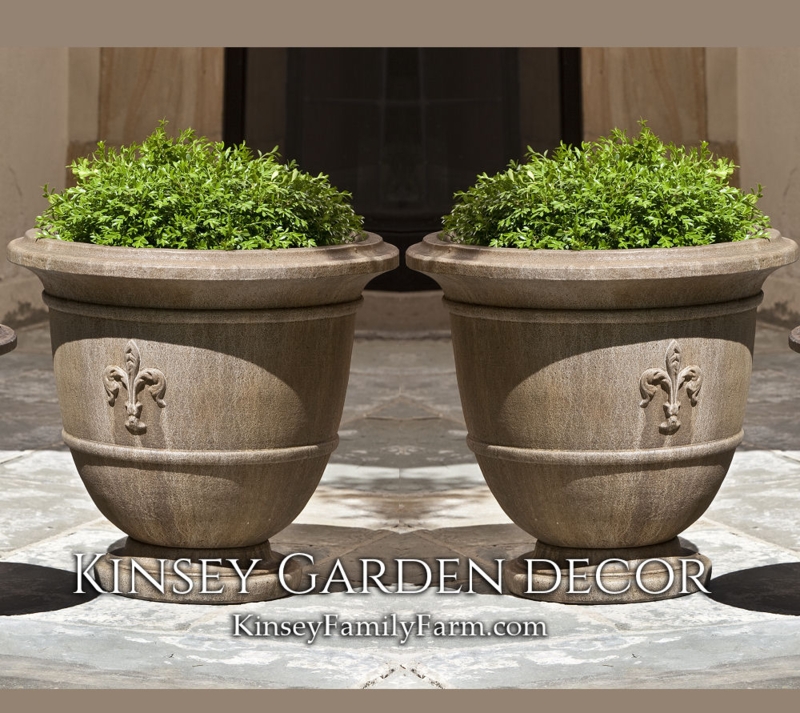 Urn Planter Set with Fleur De Lis Motif, Weathered Finish
