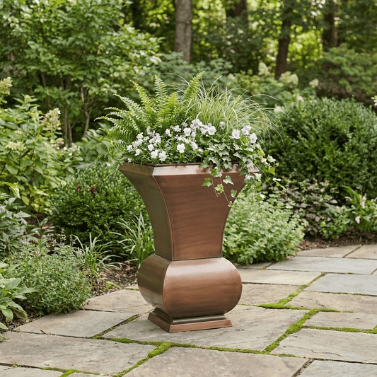 Urn Planter with Antique Copper Finish, Fluted Body and Pedestal Base