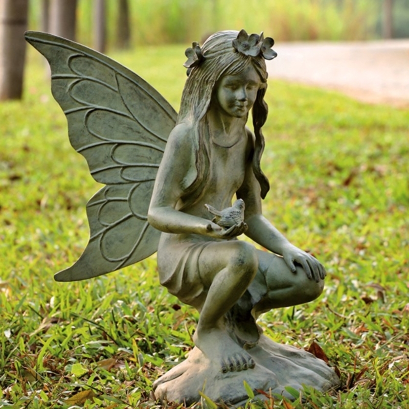 Verdigris Garden Sculpture Intricate Wings Bird Accent Reclining Fairy