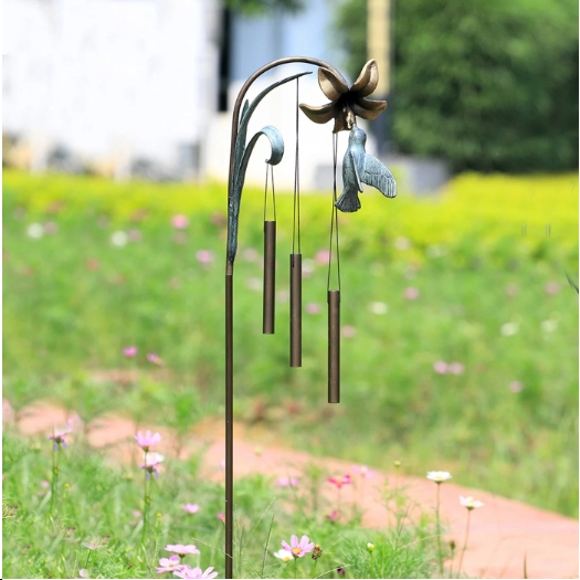 Verdigris Hummingbird Garden Stake with Lily Design and Wind Bell