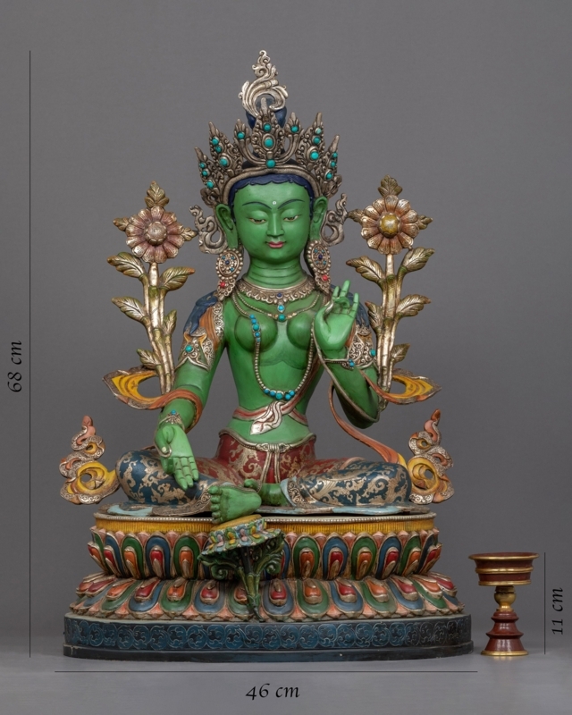 Verdigris Statue Inlaid Accents Lotus Base Traditional Himalayan Deity