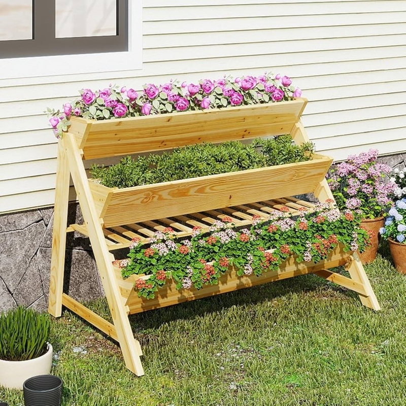 Vertical Garden Bed, 3-Tier Wood Elevated Planter with Slatted Shelf